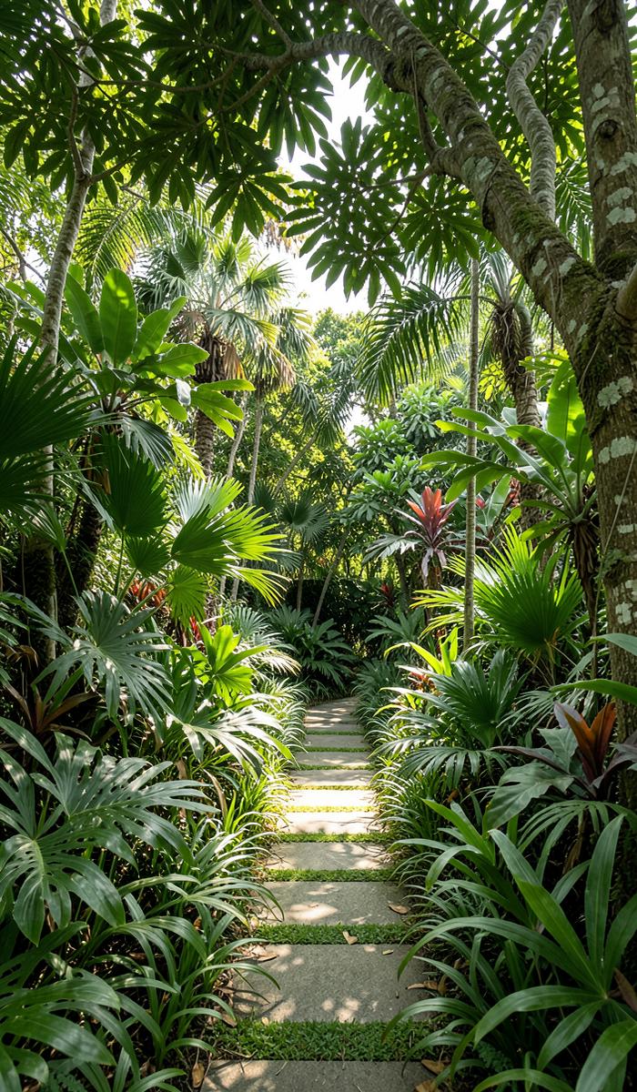 Caminho cercado por vegetação tropical densa