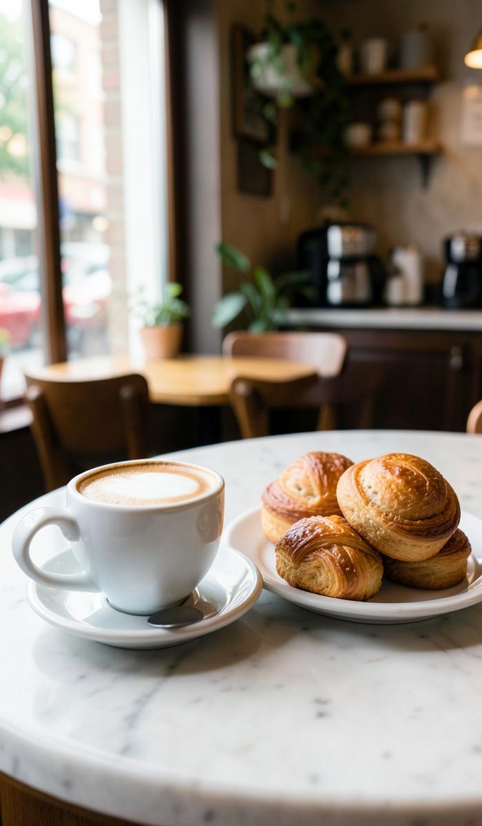 Xícara de café ao lado de pães na bancada do café