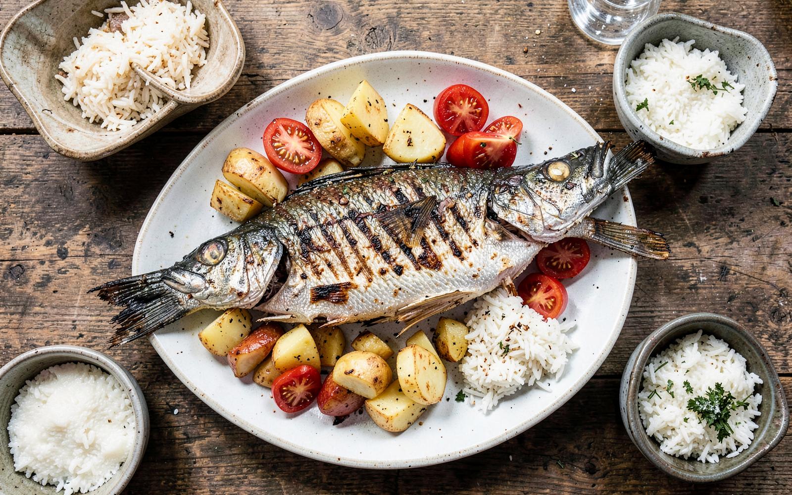 Peixe inteiro grelhado servido em travessa com legumes e acompanhamentos