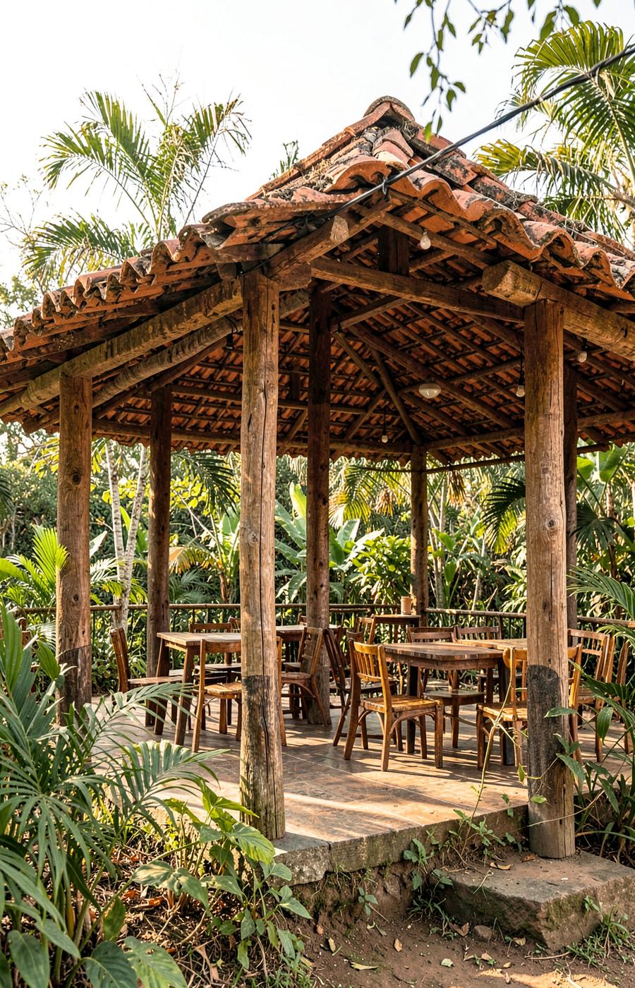 Pavilhão de madeira do Fried Fish Vilarejo cercado por vegetação tropical