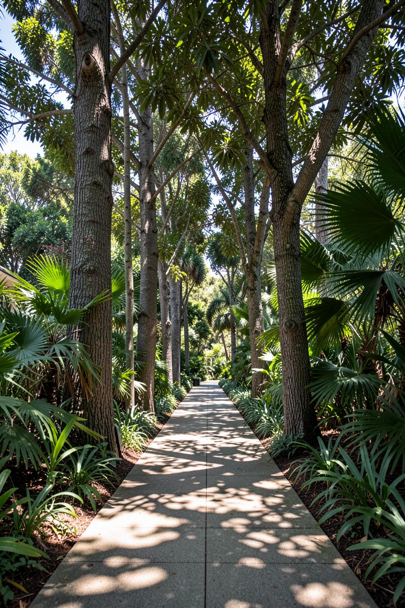 Alameda arborizada com caminho de pedras no Vilarejo