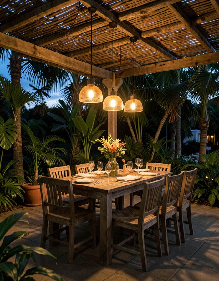 Mesa posta sob pergolado de madeira com luminárias acesas