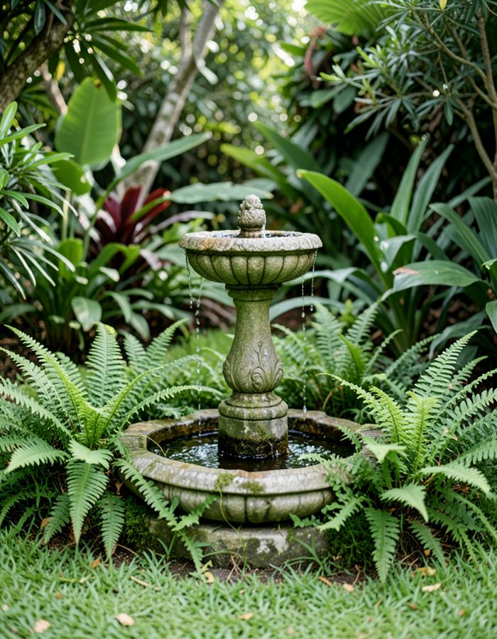 Fonte de pedra cercada por samambaias e plantas tropicais