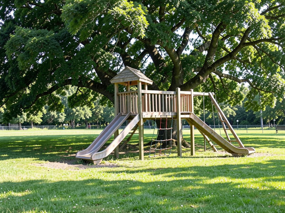 Playground de madeira sob árvores em área gramada
