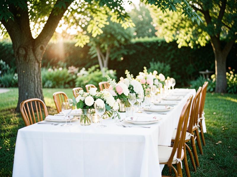 Mesa longa decorada para celebração em jardim arborizado