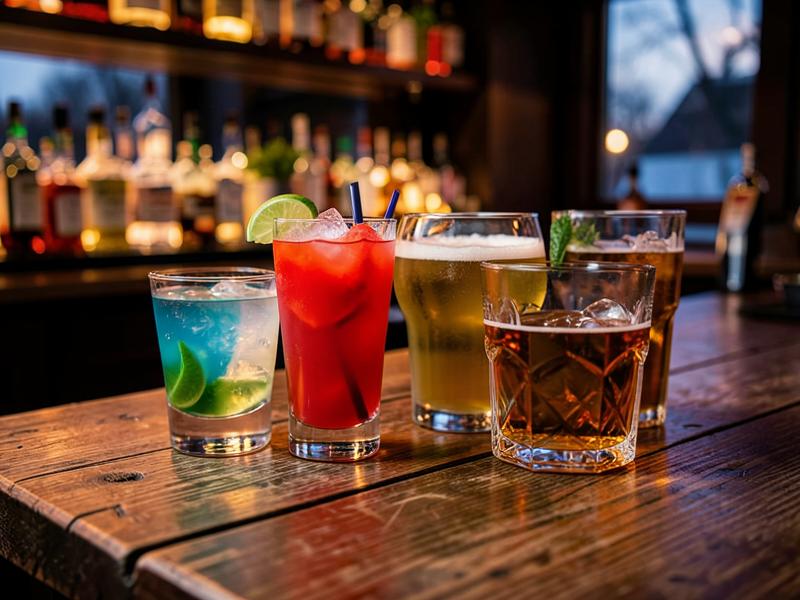 Drinks e chope sobre mesa de madeira ao entardecer